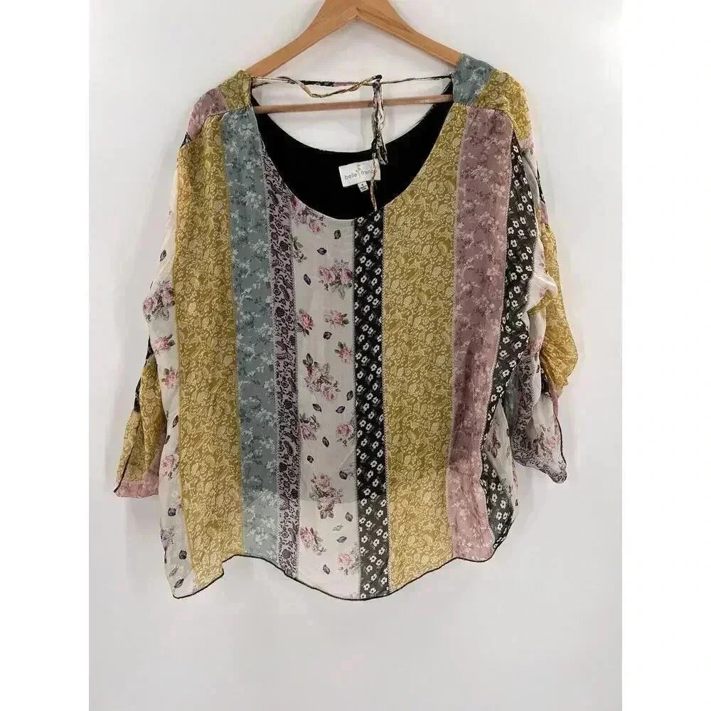 Belle France Anthro Silk Blend Layered Peasant Blouse SMALL Roll Tab Sleeve EUC